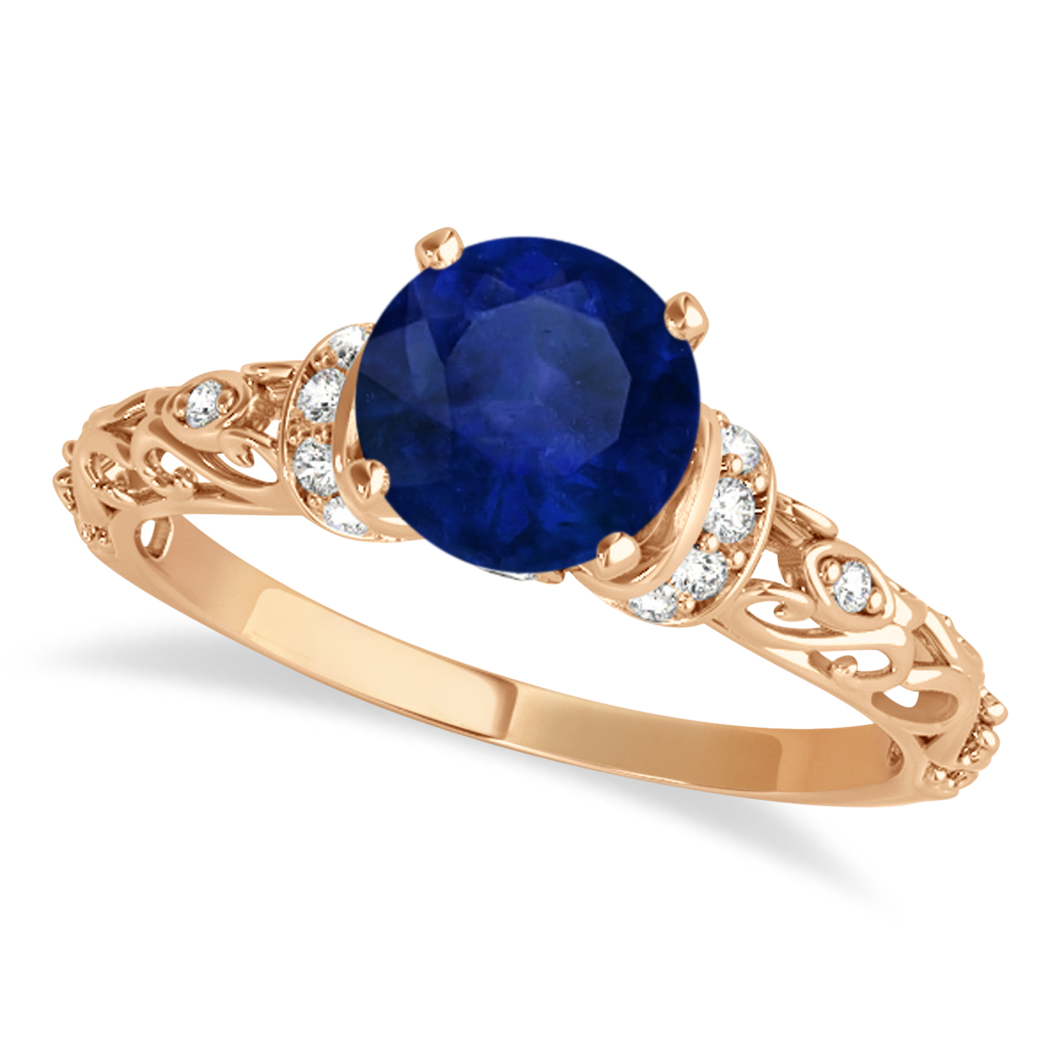 Blue Sapphire & Diamond Antique Style Engagement Ring 18k Rose Gold (0 ...