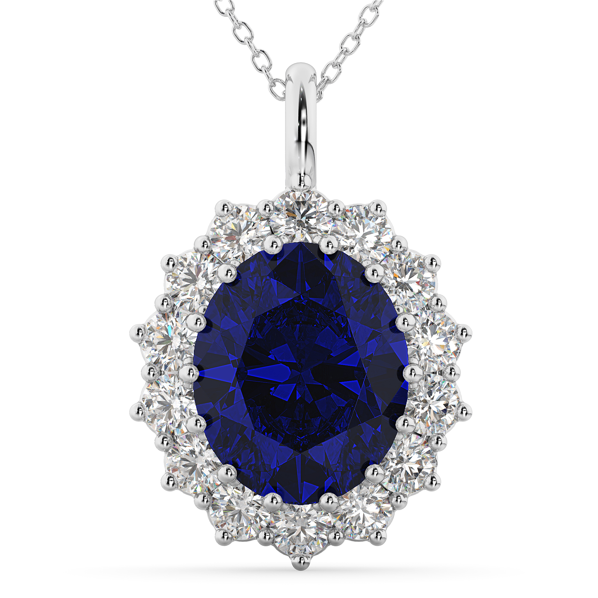 Oval Blue Sapphire & Diamond Halo Pendant Necklace 14k White Gold