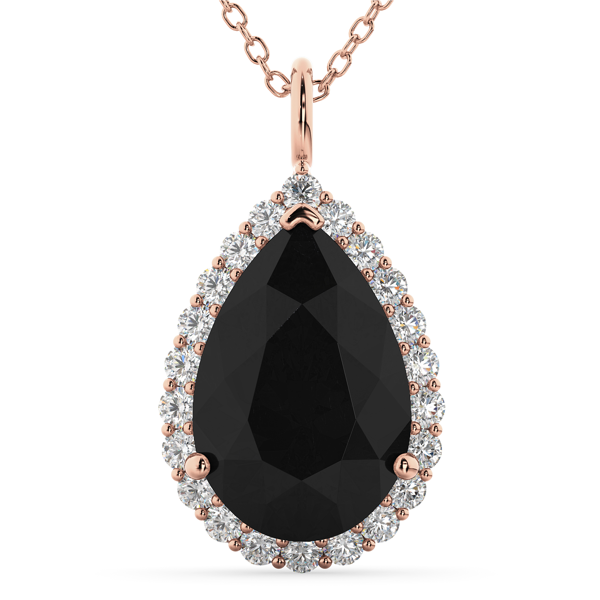 Halo Pear Shaped Black Diamond Necklace 