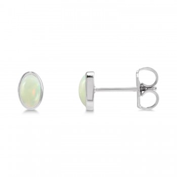 Oval Lab Grown Cabochon White Opal Stud Earrings 14K White Gold (0.25ct)