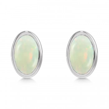 Oval Lab Grown Cabochon White Opal Stud Earrings 14K White Gold (0.25ct)