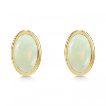 Oval Lab Grown Cabochon White Opal Stud Earrings 14K Yellow Gold (0.25ct)