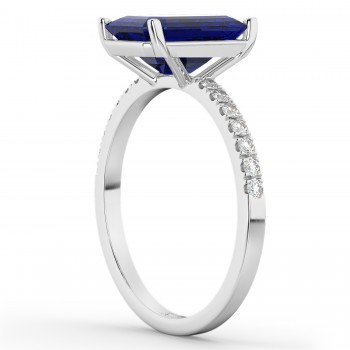 Emerald Cut Blue Sapphire & Diamond Engagement Ring 14k White Gold (2.96ct)