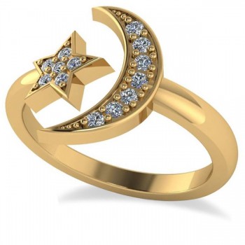 Crescent Moon and Star Diamond Ring 14k Yellow Gold (0.17ct)