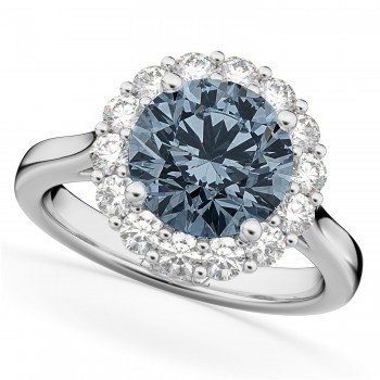 Halo Round Lab Gray Spinel & Lab Grown Diamond Engagement Ring 14K White Gold 3.70ct