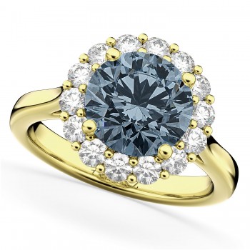 Halo Round Lab Gray Spinel & Lab Grown Diamond Engagement Ring 14K Yellow Gold 3.70ct