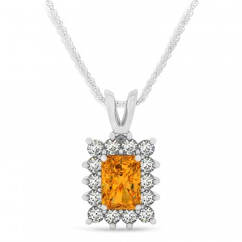 Emerald Shape Citrine & Diamond Pendant Necklace 14k White Gold (2.75ct)