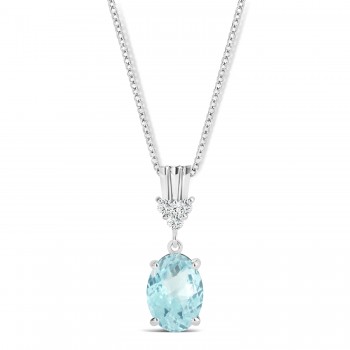 Oval Shape Aquamarine & Diamond Pendant Necklace 14k White Gold (0.80ct)
