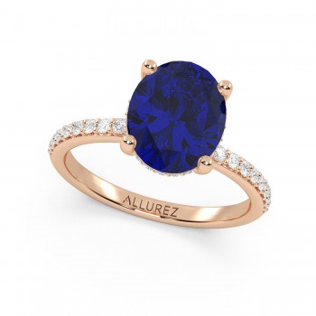 Oval Cut Lab Blue Sapphire & Lab Grown Diamond Engagement Ring 14K Rose Gold (4.07ct)