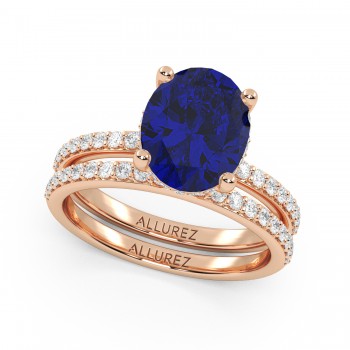 Oval Cut Lab Blue Sapphire & Lab Grown Diamond Bridal Ring Set 14K Rose Gold (4.29ct)