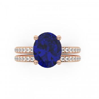 Oval Cut Lab Blue Sapphire & Lab Grown Diamond Bridal Ring Set 14K Rose Gold (4.29ct)