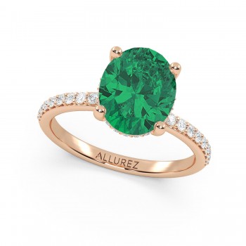 Oval Cut Lab Emerald with Hidden Halo Engagement Ring 14K Rose Gold (4.02ct)