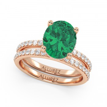 Oval Cut Lab Emerald with Hidden Halo  Bridal Ring Set 14K Rose Gold (4.24ct)