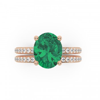 Oval Cut Lab Emerald with Hidden Halo  Bridal Ring Set 14K Rose Gold (4.24ct)