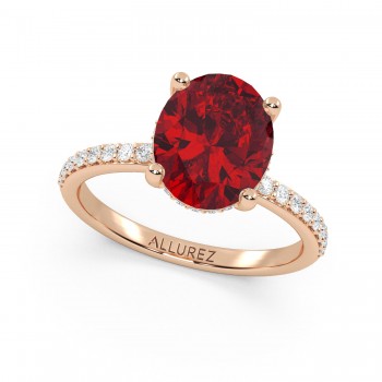 Oval Cut Lab Ruby with Hidden Halo Engagement Ring 14K Rose Gold (4.07ct)