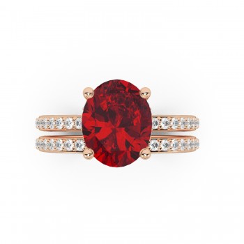 Oval Cut Lab Ruby with Hidden Halo  Bridal Ring Set 14K Rose Gold (4.29ct)