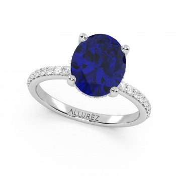 Oval Cut Lab Blue Sapphire & Lab Grown Diamond Engagement Ring 14K White Gold (4.07ct)