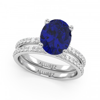 Oval Cut Lab Blue Sapphire & Lab Grown Diamond Bridal Ring Set 14K White Gold (4.29ct)