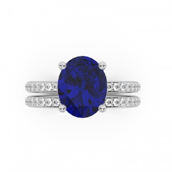 Oval Cut Lab Blue Sapphire & Lab Grown Diamond Bridal Ring Set 14K White Gold (4.29ct)