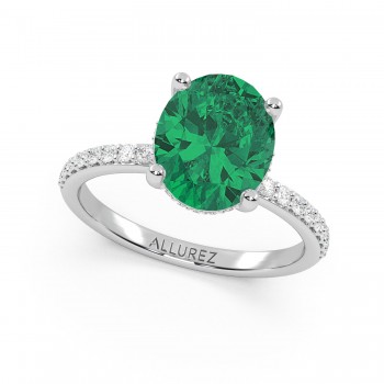 Oval Cut Lab Emerald with Hidden Halo  Engagement Ring 14K White Gold (4.02ct)