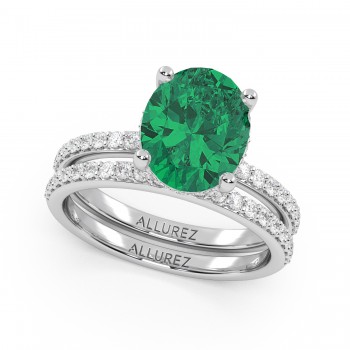 Oval Cut Lab Emerald with Hidden Halo  Bridal Ring Set 14K White Gold (4.24ct)