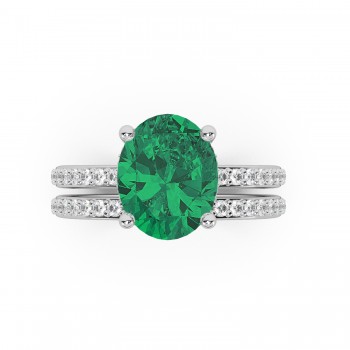 Oval Cut Lab Emerald with Hidden Halo  Bridal Ring Set 14K White Gold (4.24ct)