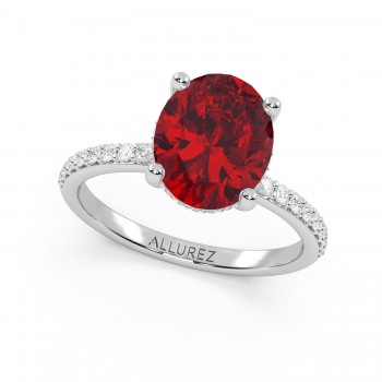 Oval Cut Lab Ruby with Hidden Halo Engagement Ring 14K White Gold (4.07ct)