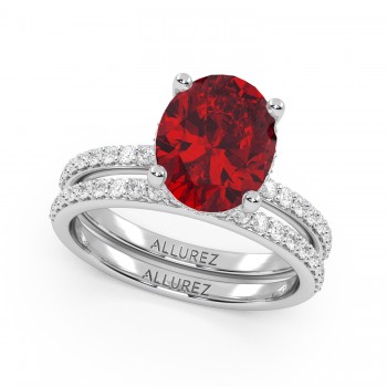 Oval Cut Lab Ruby with Hidden Halo  Bridal Ring Set 14K White Gold (4.29ct)