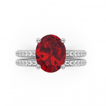 Oval Cut Lab Ruby with Hidden Halo  Bridal Ring Set 14K White Gold (4.29ct)