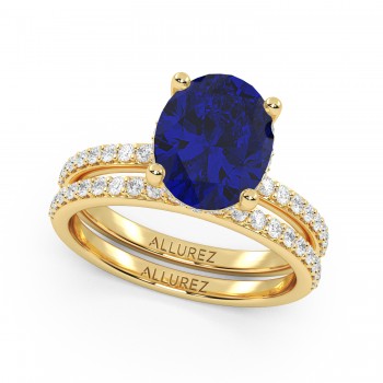 Oval Cut Lab Blue Sapphire & Lab Grown Diamond Bridal Ring Set 14K Yellow Gold (4.29ct)