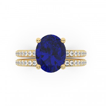 Oval Cut Lab Blue Sapphire & Lab Grown Diamond Bridal Ring Set 14K Yellow Gold (4.29ct)