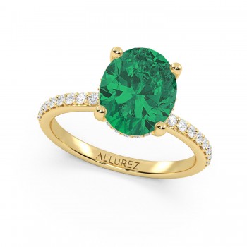 Oval Cut Lab Emerald with Hidden Halo Engagement Ring 14K Yellow Gold (4.02ct)