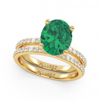 Oval Cut Lab Emerald with Hidden Halo  Bridal Ring Set 14K Yellow Gold (4.24ct)