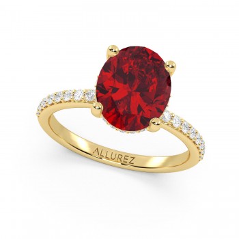 Oval Cut Lab Ruby with Hidden Halo Engagement Ring 14K Yellow Gold (4.07ct)