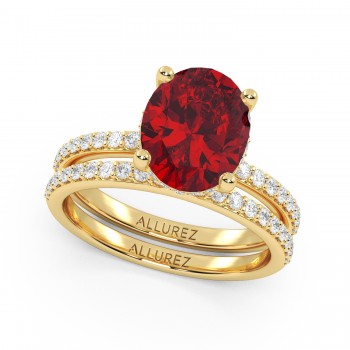 Oval Cut Lab Ruby with Hidden Halo  Bridal Ring Set 14K Yellow Gold (4.29ct)