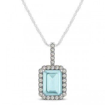 Diamond & Emerald Cut Aquamarine Halo Pendant Necklace 14k White Gold (1.00ct)