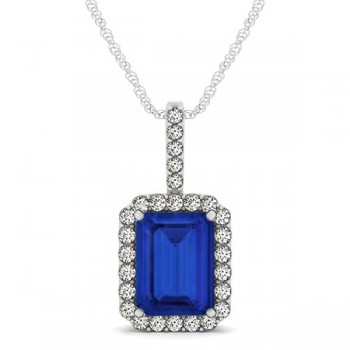 Diamond & Emerald Cut Blue Sapphire Halo Pendant Necklace 14k White Gold (4.25ct)