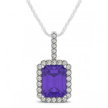 Diamond & Emerald Cut Tanzanite Halo Pendant Necklace 14k White Gold (4.25ct)
