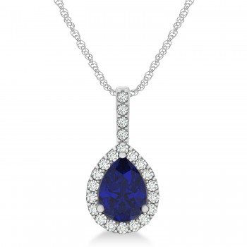 Pear Shape Diamond & Blue Sapphire Halo Pendant 14k White Gold 1.25ct