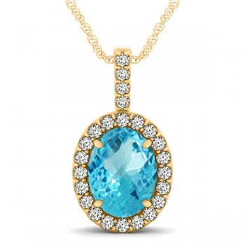 Blue Topaz & Diamond Halo Oval Pendant Necklace 14k Yellow Gold (3.72ct)