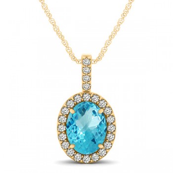 Blue Topaz & Diamond Halo Oval Pendant Necklace 14k Yellow Gold (1.27ct)