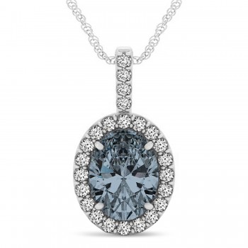 Gray Spinel & Diamond Halo Oval Pendant Necklace 14k White Gold (2.62ct)