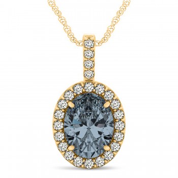 Gray Spinel & Diamond Halo Oval Pendant Necklace 14k Yellow Gold (2.62ct)