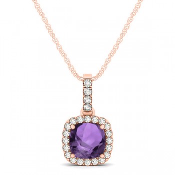 Amethyst & Diamond Halo Cushion Pendant Necklace 14k Rose Gold (0.66ct)