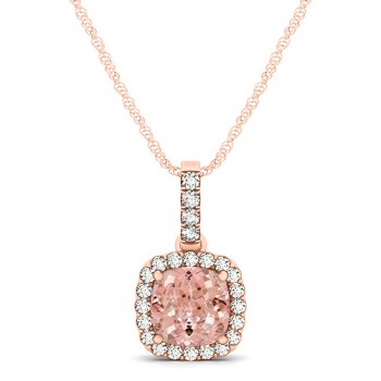 Pink Morganite & Diamond Halo Cushion Pendant Necklace 14k Rose Gold (0.76ct)