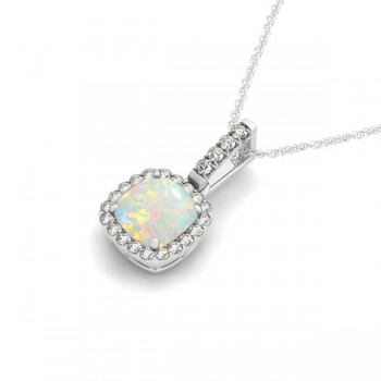 Opal & Diamond Halo Cushion Pendant Necklace 14k White Gold (1.55ct)