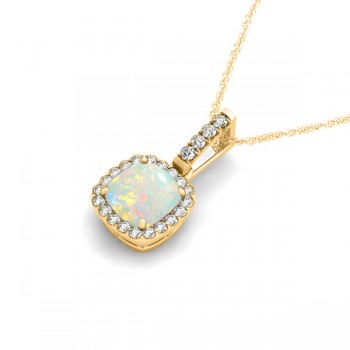 Opal & Diamond Halo Cushion Pendant Necklace 14k Yellow Gold (1.55ct)