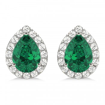 Teardrop Emerald & Diamond Halo Earrings 14k White Gold (1.64ct)