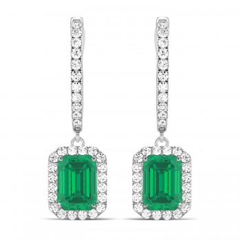 Emerald Shape Emerald & Diamond Halo Dangling Earrings 14k White Gold (1.70ct)