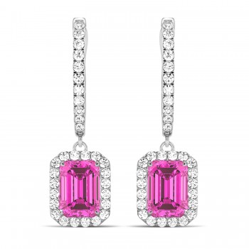 Emerald Shape Pink Topaz & Diamond Halo Dangling Earrings 14k White Gold (1.80ct)
